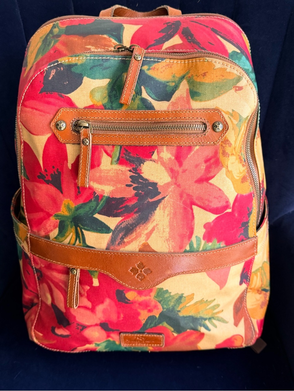 Patricia Nash Floral Backpack with Brown Leather Trim GUC